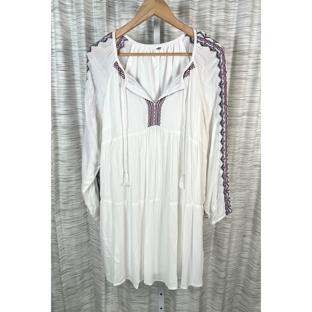 Old Navy Embroidered‎ Boho Tiered Mini Dress White Long Sleeve Tassel Size M NEW